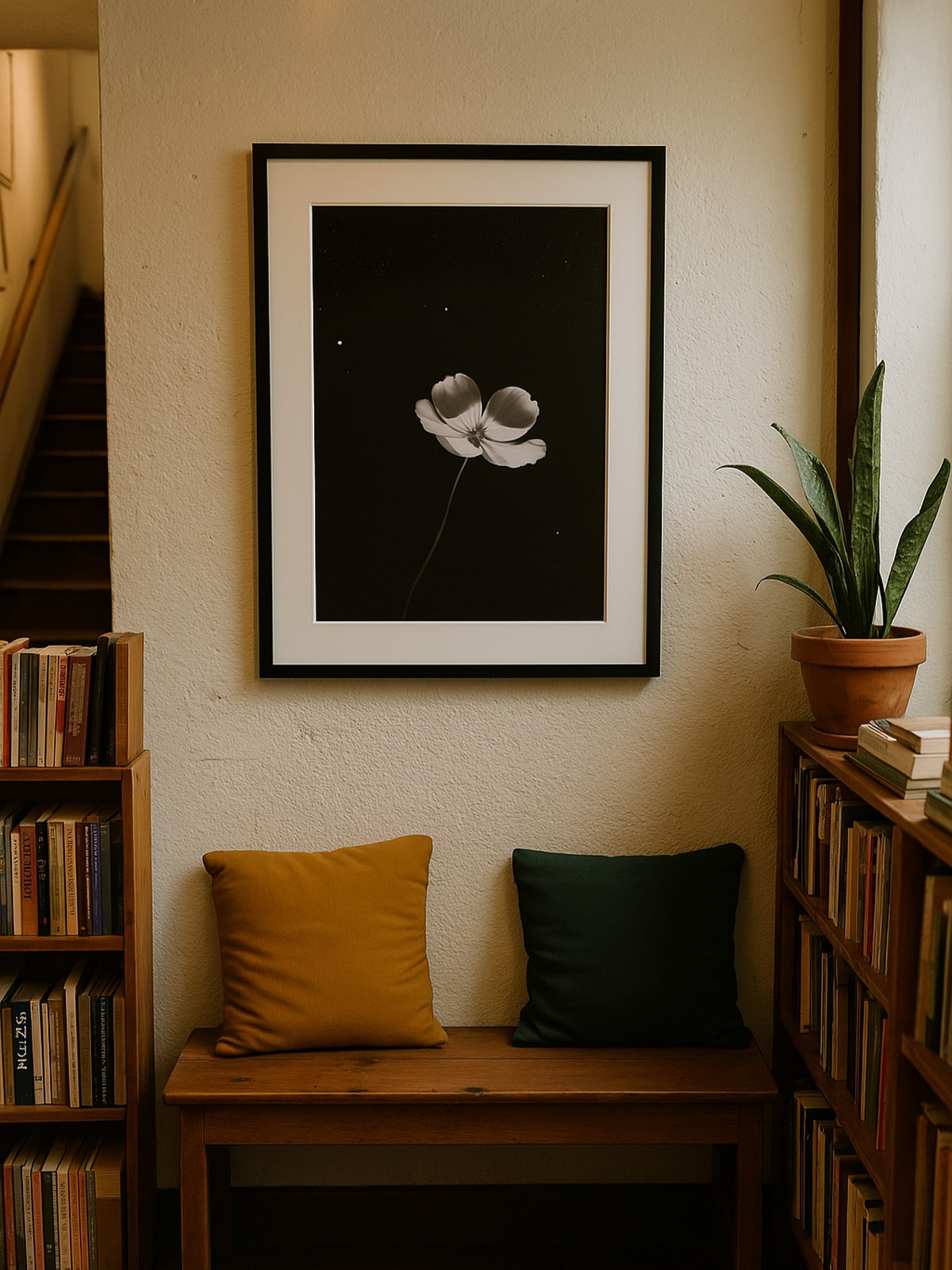 Framed picture of a plant in an interior setting