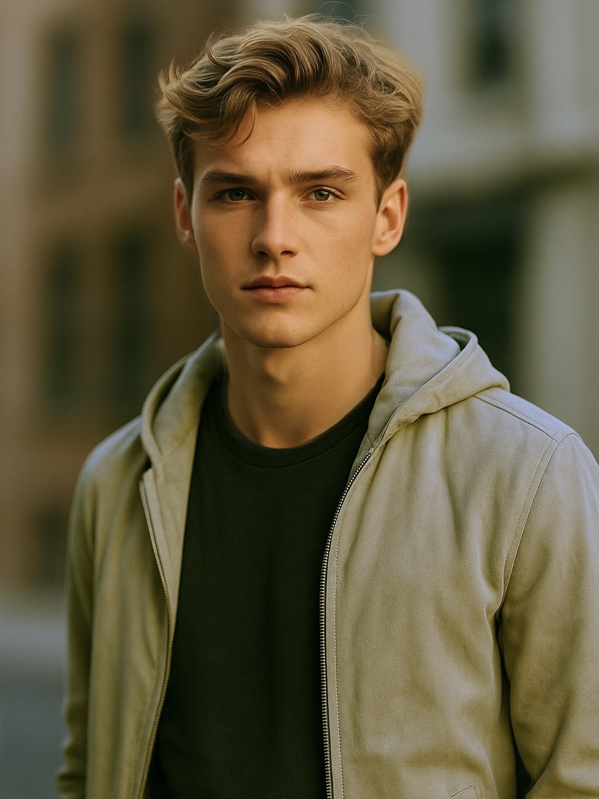 Portrait of a young man in a grey hoodie