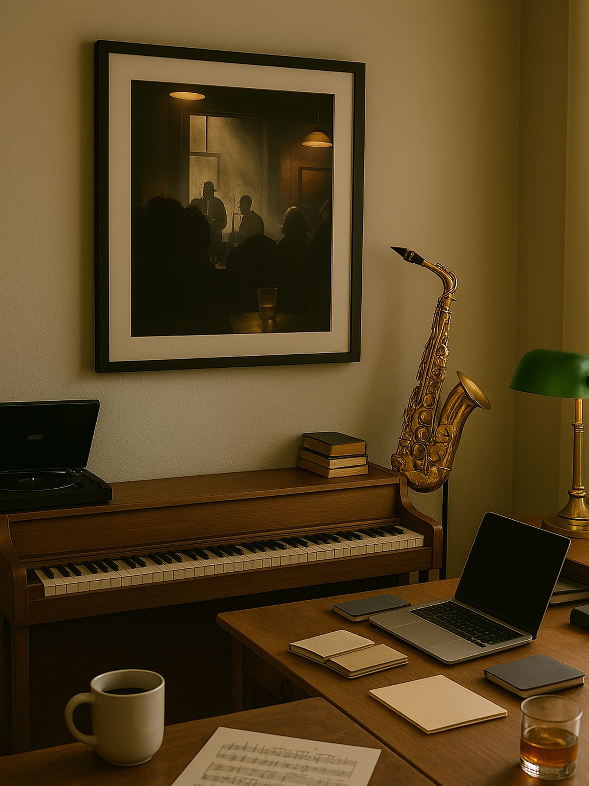 Cozy room with a piano and framed art