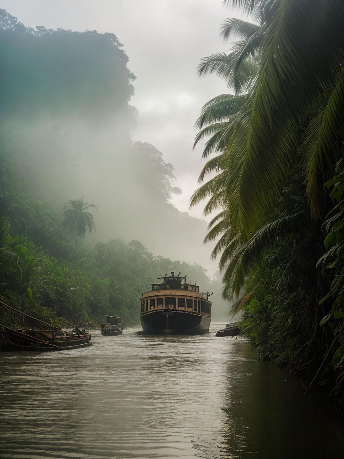 Misty jungle road with a vehicle