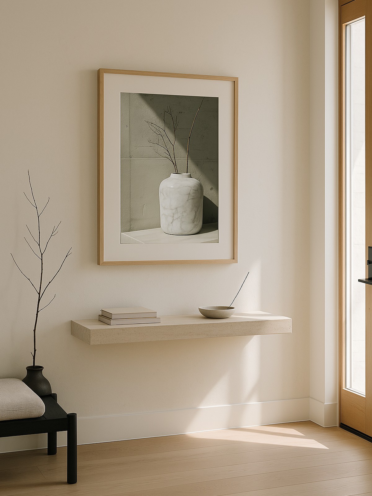 Minimalist white room with marble accents